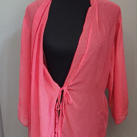 Murano Red Checkered Long Sleeve Short Lingerie Lounge Robe - Picture 5 of 11